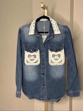 Denim Button-Down Shirt in Blue with rhinestone